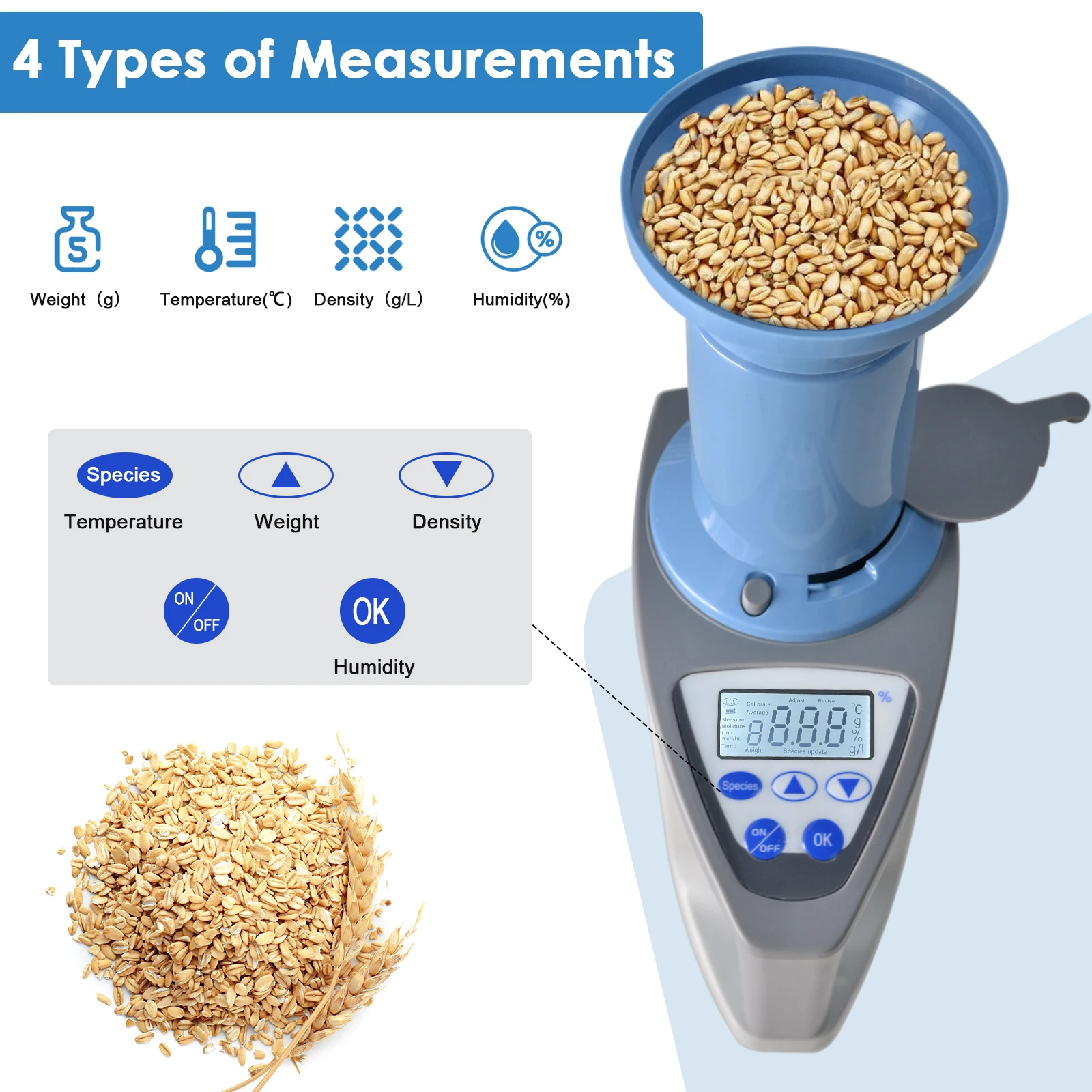 Professional T8-LDS-1G Grain Moisture Meter Tester Analyzer for Wheat Corn Rice Soybean Rapeseed Barley Seed Crop LCD Backlight