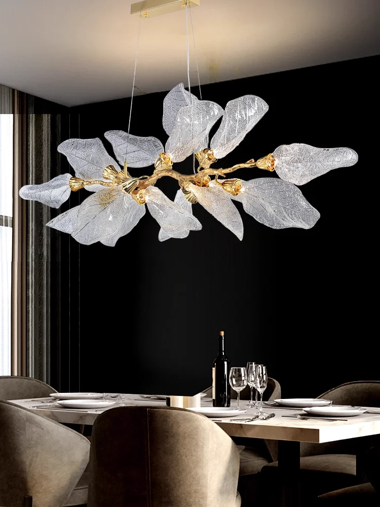 

Creative Clear Leaf Acrylic LED Modern Chandelier Minimalist Hanging Light for Living Room and Dining Room Decoration
