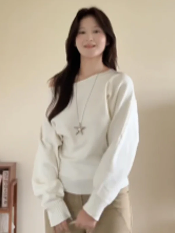 الخريف الشتاء كسول Sle لون نقي لينة فضفاضة ملابس داخلية سترة صغيرة الحجم المرأة لطيف رغبة نقية واحدة oulder أعلى #1