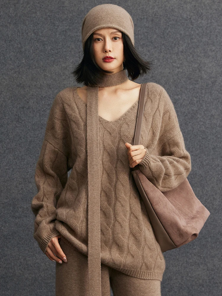 TLOML Suéter feminino 100% caxemira com decote em V pulôver grosso solto cabo tricotado de caxemira outono inverno macio quente tops de luxo