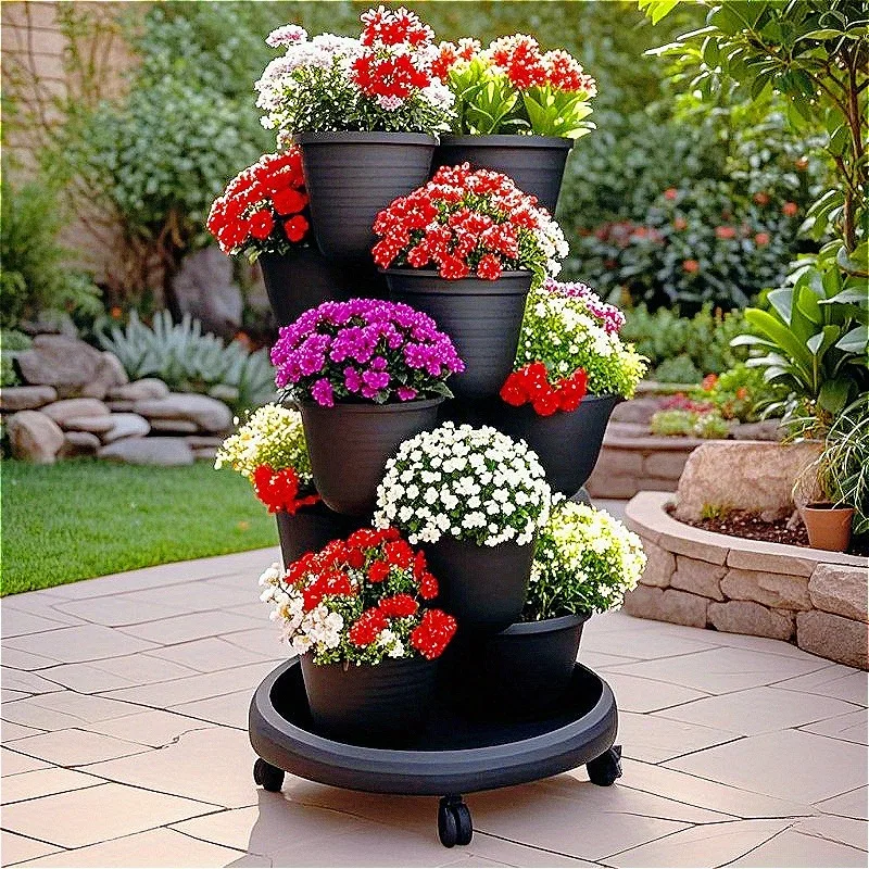 Vertical Space Saving 5+1 Stackable Planter Pot Kit, Multifunctional Home Gardening Growing Pots for Strawberry, Flower Planting