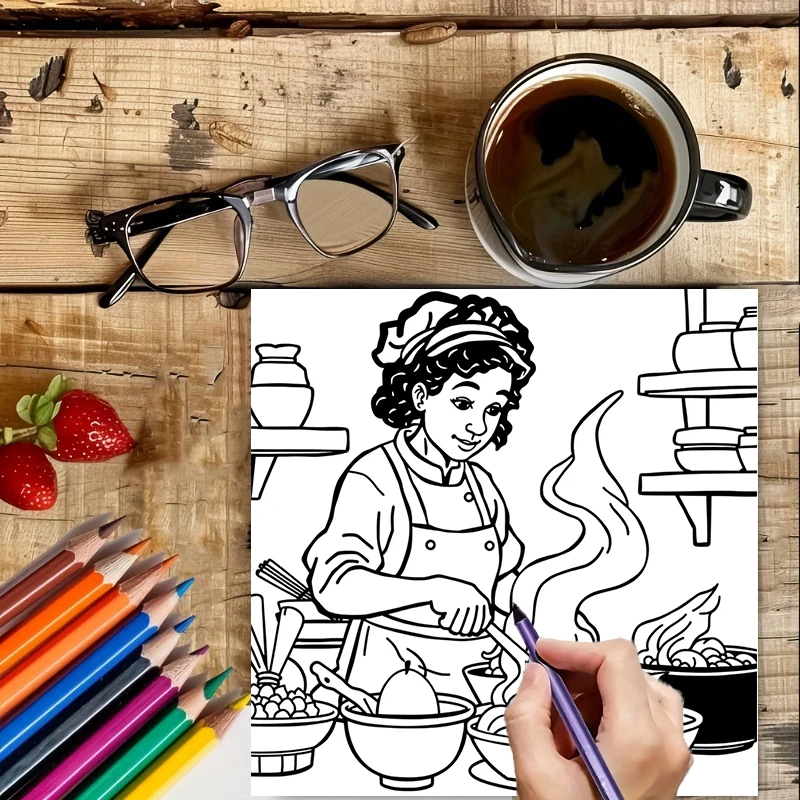 Libro para colorear de estilo de exploración de cocina de 28 páginas, libro para colorear para reducción de estrés de adultos |   Libro para colorear para aliviar el estrés