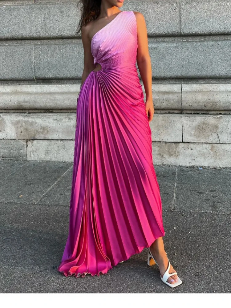 

2024 New Summer Women's Elegant Pleated Tie-Dye Slant Neck Maxi Dress Fashion Hollow Backless Sleeveless Party Dresses for Women