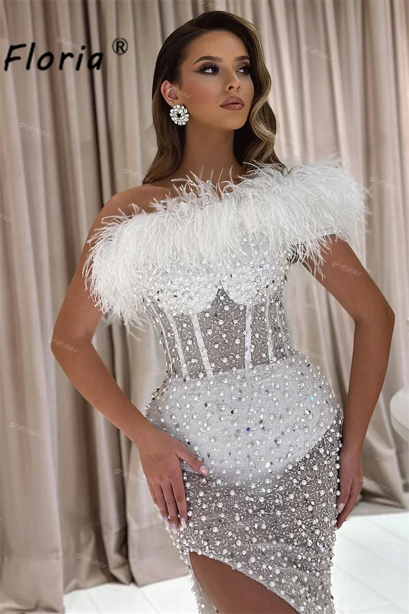 Glamorous Pearls Beaded Ivory Evening Dress Dubai Slit Feather Sweep Tail Mermaid Wedding Party Dress Sexy Bridal Gown Plus Size