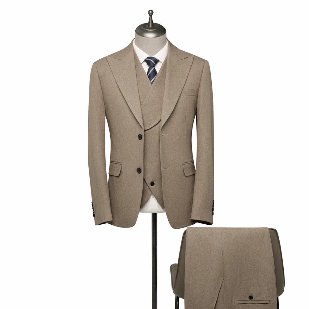 

Men's 3-Piece Peak Lapel Slim Fit Suit Set, Black/Taupe/Beige, Formal Business Wedding Tuxedo Blazer Vest Pants