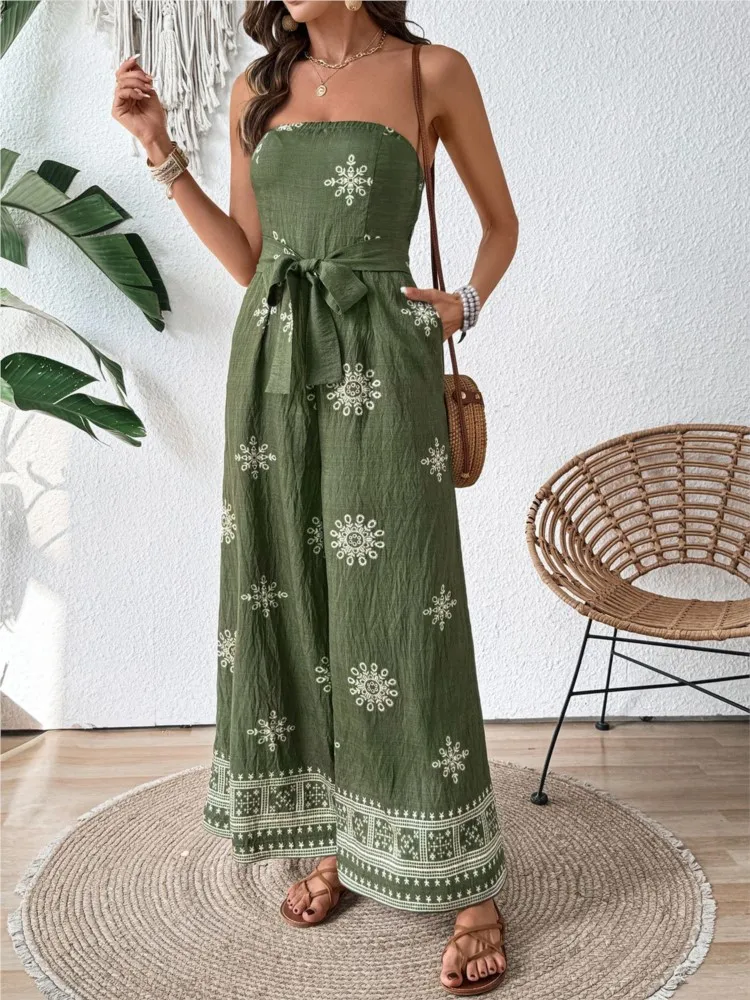 

Casual Jumpsuit Women 2025 New Fashion Strapless Vintage Snowflake Print Wide Leg Jumpsuit Rompers Lace Up Casual Daily Jumpsuit