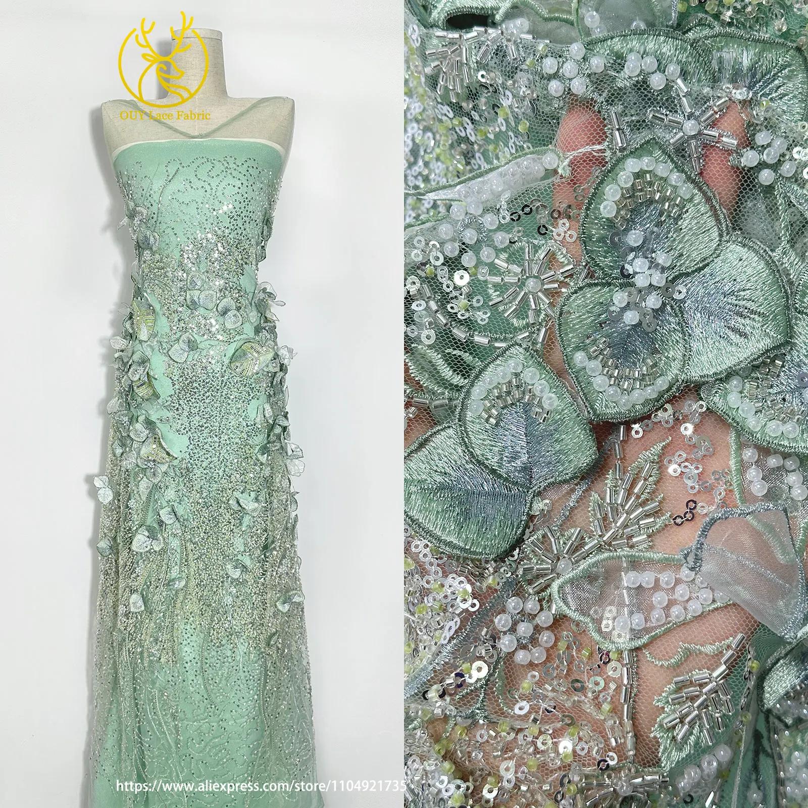 Französischer Luxus 3D-Blumen-Stickerei-Spitzenstoff 2026 Afrika Nigeria Pailletten-Perlen-Spitzenstoff für Braut-Hochzeitskleid Nähen – Detail 5