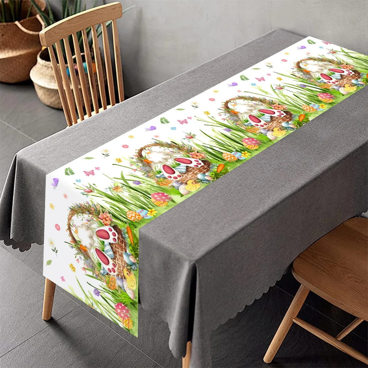 Easter Table Runner 180cm Cute Bunny Egg Printed Table Cover for 6 Seaters Spring Holiday Party Decor Easter Decorations