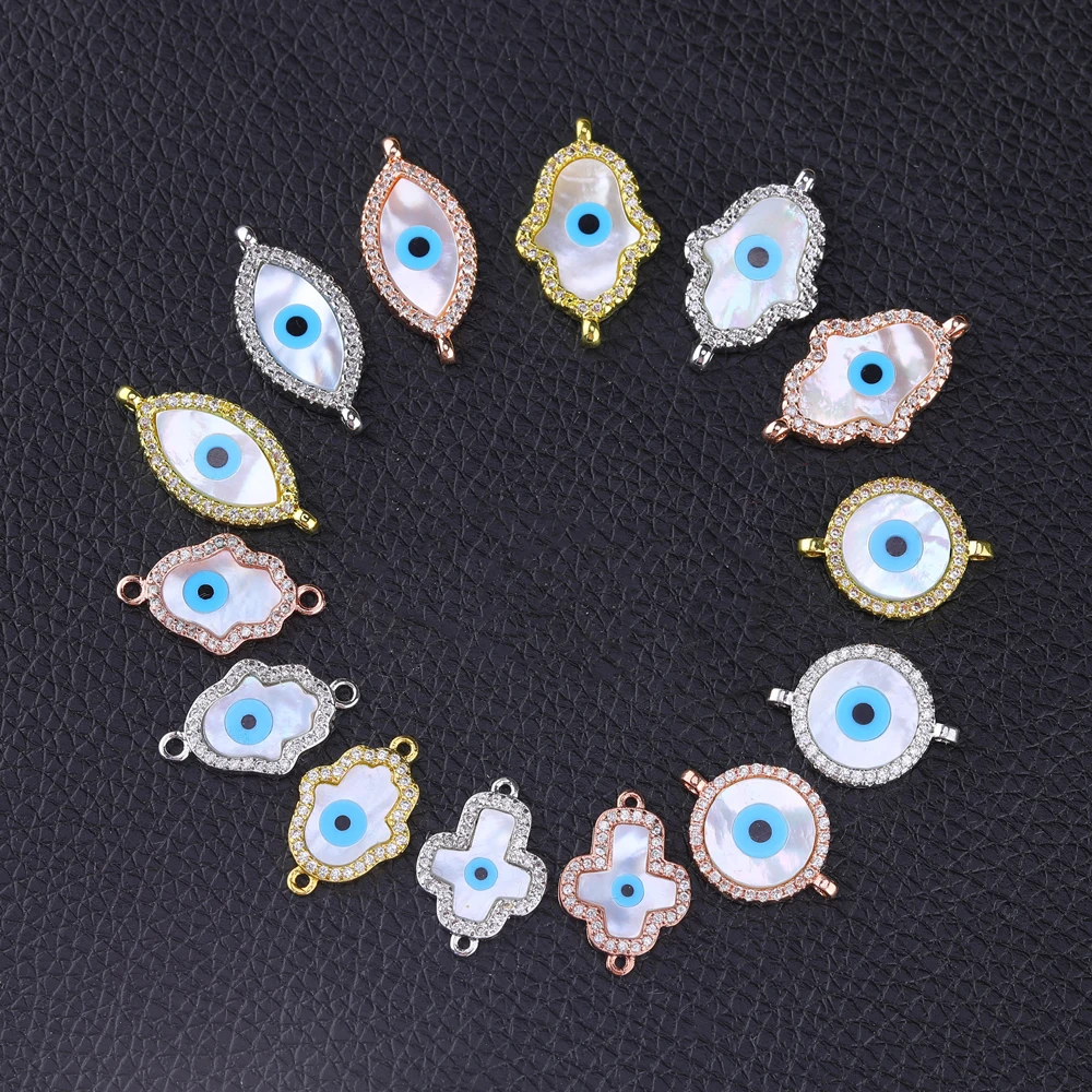 Juya Micro Pave Ziron Pearl Shell Greek Evil Eye Connector Charms For DIY Turkish Talisman Decoration Pendant Jewelry Making