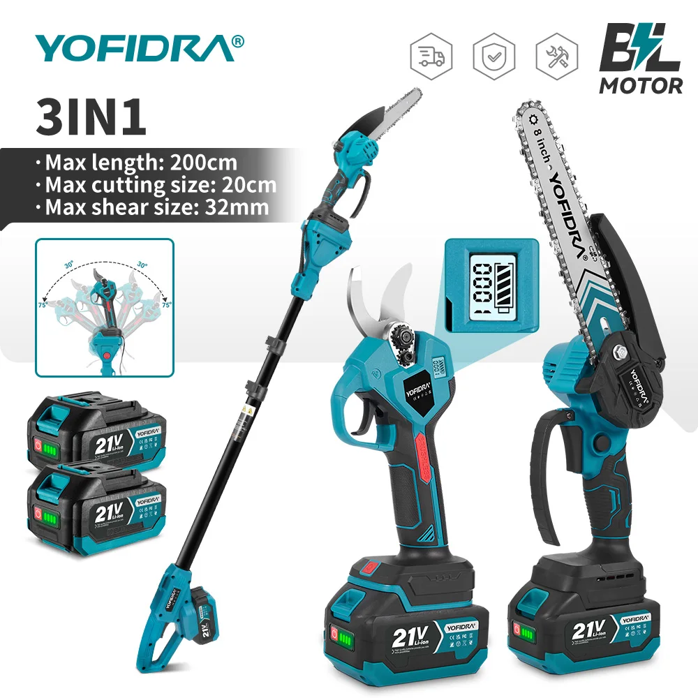 YOFIDRA 4-in-1 bürstenloser Hochteleskopstab 8-Zoll-Kettensägen-Astschere 32-mm-Schere Garten- und Holzbearbeitungs-Astschneidewerkzeug für Makita 21V Akku – Detail 3