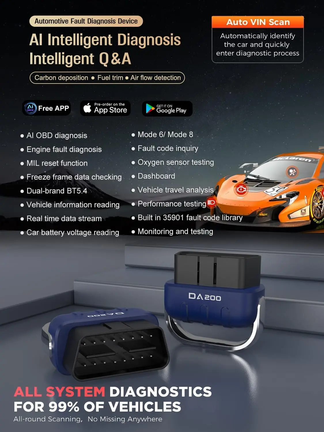 Bluetooth-сканер OBD2, считыватель кодов AI для проверки освещения двигателя, тестирования батареи и живых данных, работает с iOS/Android