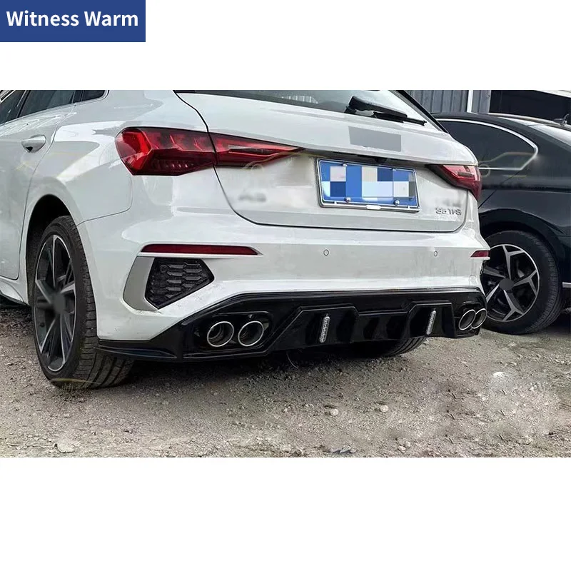 Rear Diffuser Bumper Lip Spoiler with Led Lights Carbon Fiber Look ABS Bright Black for Audi A3 hatchback 2021-2024