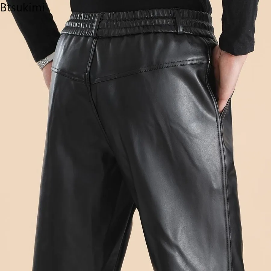 

2026 Men's Loose Elastic Waist Lace-up Casual Pants Windproof Fleece Straight PU Leather Pants Autumn Winter Male Leather Pants