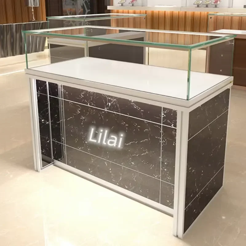 Modern Fashion Aluminum Alloy Glass Top Waterproof LED Lit Customizable Jewelry Display Case for Retail Stores