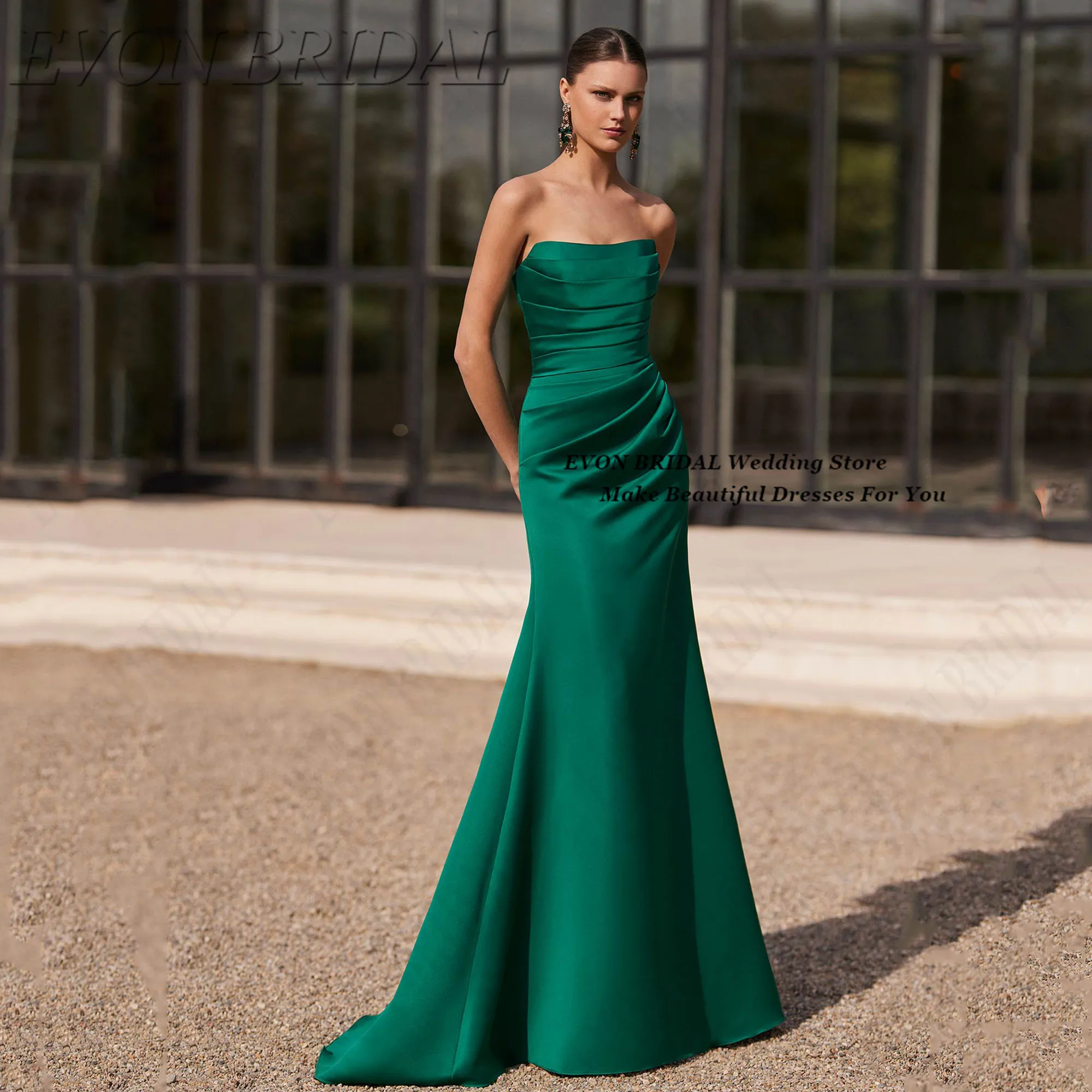 

EVON BRIDAL Green Mermaid Evening Dresses Strapless Satin Customized Prom Gown Elegant Saudi Arabia Women Wedding Praty Gowns