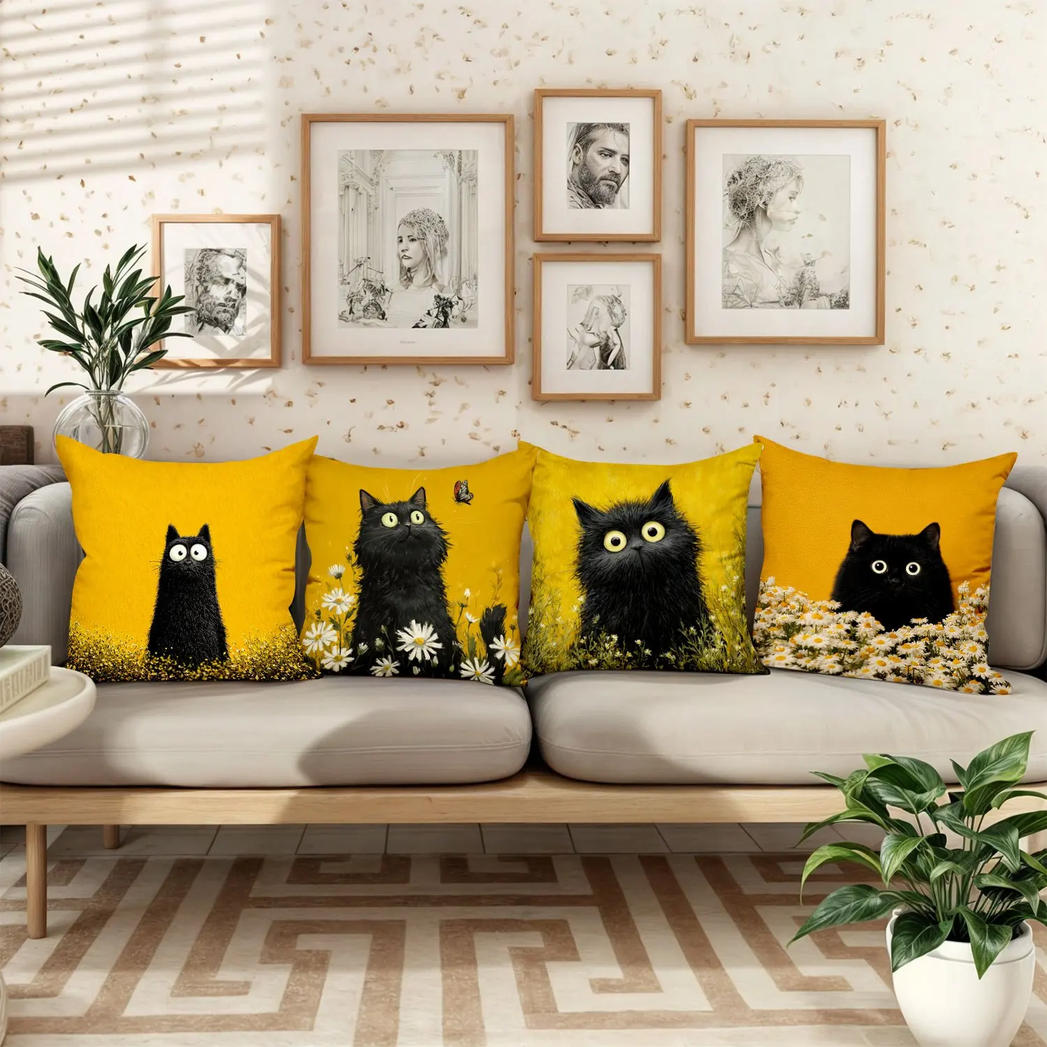 2D Flat Black Cat Daisy Pillow Covers, 4pcs Set, Double Sided Print, Yellow Background Floral Kitten Decor Cases for Sofa