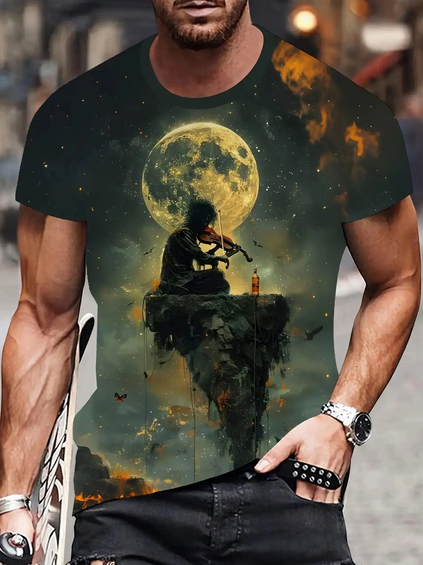 Men's Fantasy Full Moon Violinist Floating Cliff 3D Print T-shirt O-Neck Short Sleeve Starry Sky Art Casual Summer Graphic Tops