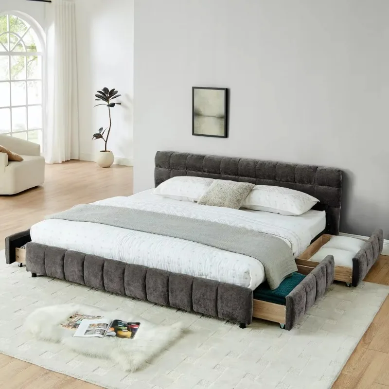 

Modern Deluxe Queen/King Upholstered Bed Frame Soft Chenille Fabric Bedroom Furniture Wood