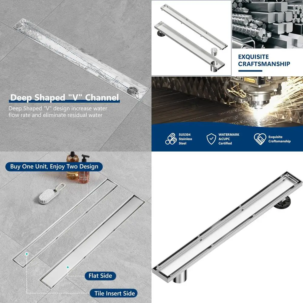 

48 Brushed Stainless Steel Offset Shower Drain with Tile Insert, Adjustable Leveling, Hair Catcher