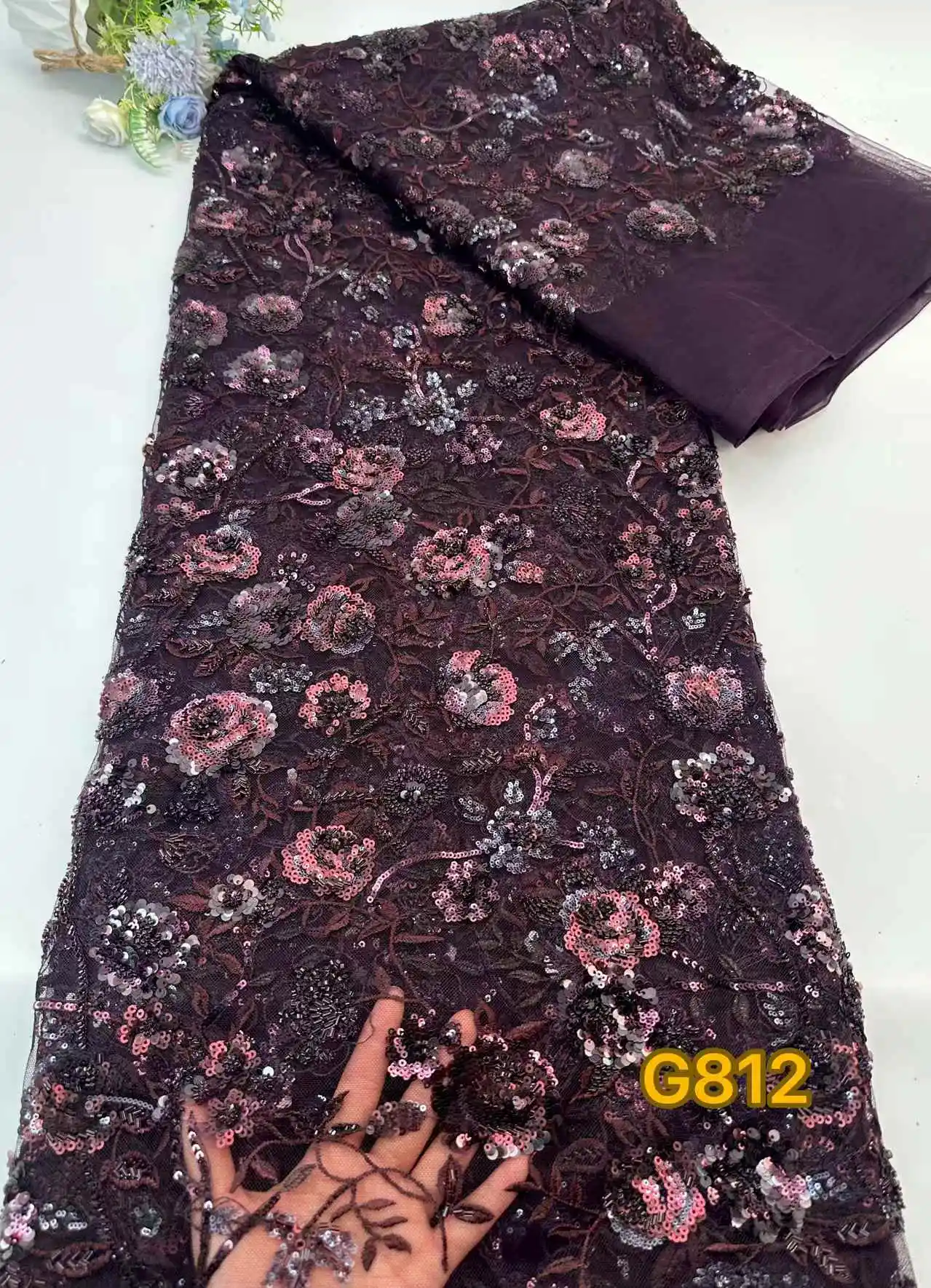 

African Lace Fabric 2026 Handmade Beaded Lace Fabric France Sequins Nigerian Embroidery Bridal Mesh Lace Fabric For Sewing