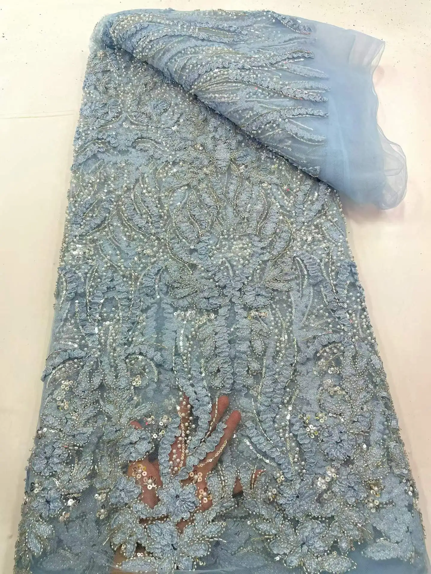 5 Yards New 3D Embroidery Sequins lace beaded lace Heavy Beaded African High Quality European Lace For Wedding Bridal Dress