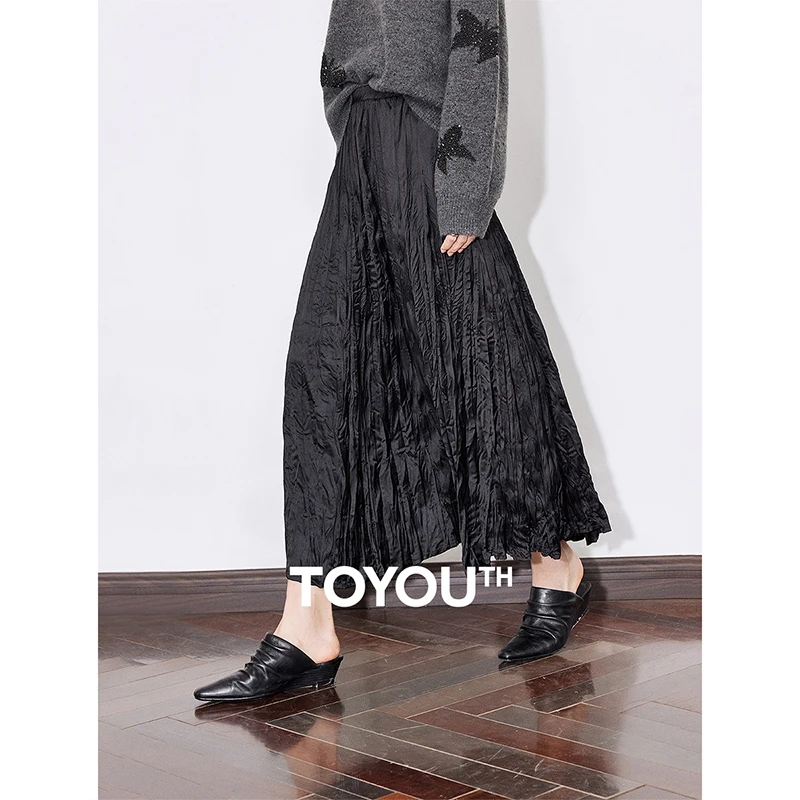 TOYOUTH Women Skirt 2025 Spring New Pleated High Waiste A Line Mid Length Skirt