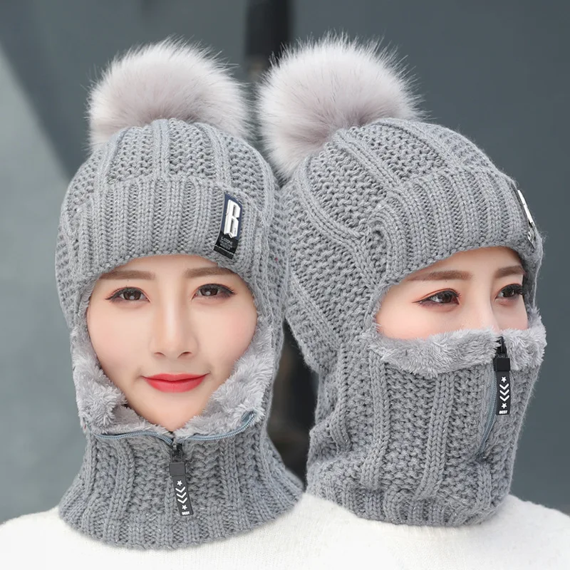 Gorro de punto de lana para mujer, conjunto de gorro de esquí a prueba de viento, bufanda siamesa gruesa, cuello cálido, mantiene la cara, calentador, gorro con pompones, invierno