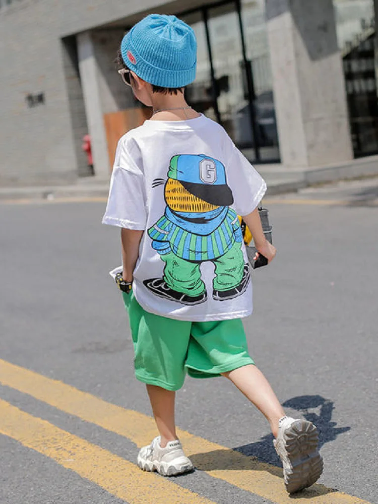 Fashion Summer Teenage Boy Clothes Boys for 4 6 8 10 12 14 Year Hiphop Korean Casual T-Shirt Shorts 2Pcs Sets Funny Cartoon Suit