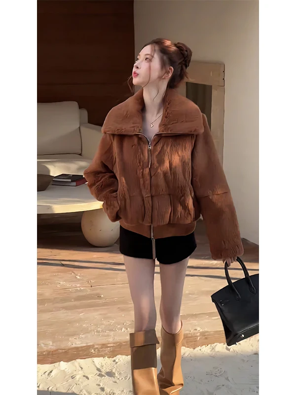 

Женская теплая шуба из искусственного меха с отложным воротником, зимняя верхняя одежда, элегантная, приталенная, на молнии, с длинными рукавами, однотонная