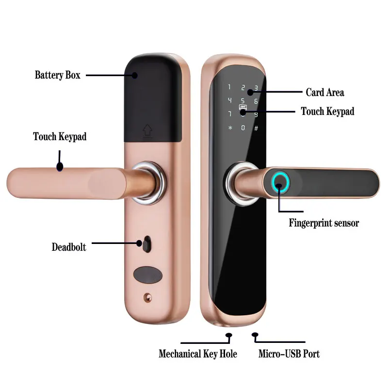 Home Electronics Tuya Wifi Wireless Door Lock Biometric Fingerprint Handle Waterproof Smart Lock with Security Key Card Code