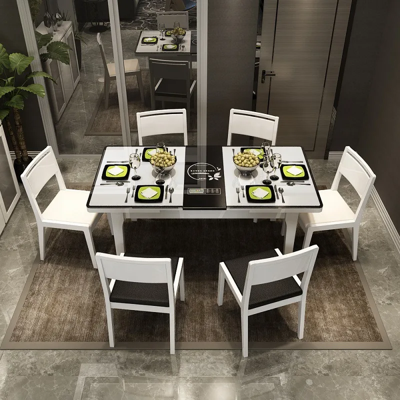 Simple and modern multi-functional small apartment tempered glass retractable induction cooker hot pot dining table