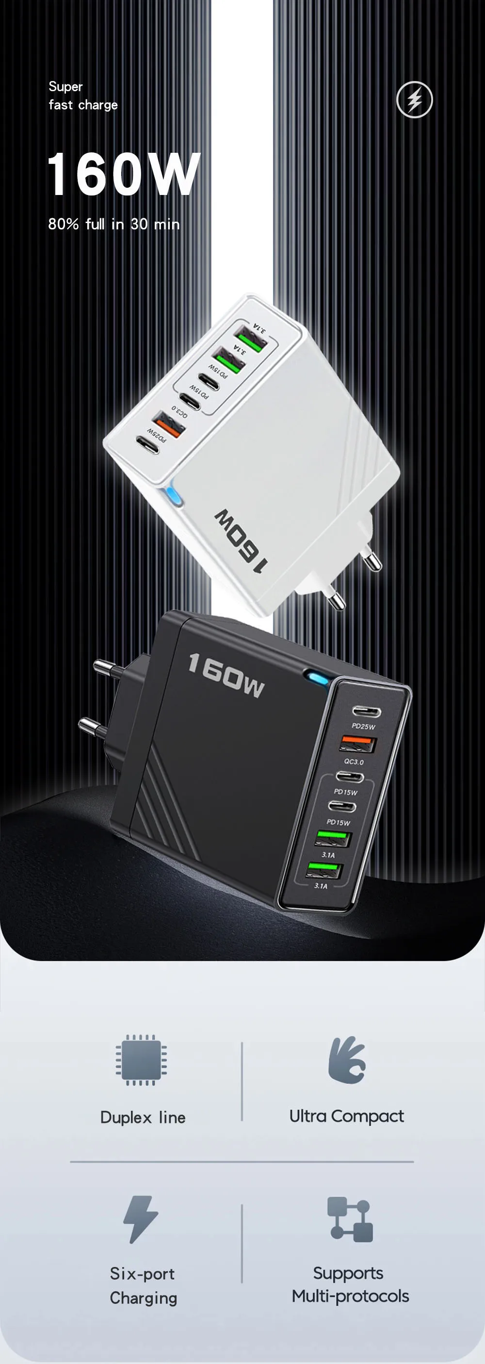 Black 160W 6 Port Fast Wall Charger UK Plug 3PD 3USB QC3.0 Multi Port Travel Charge For iphone samsung Tablet Laptop Smartphones