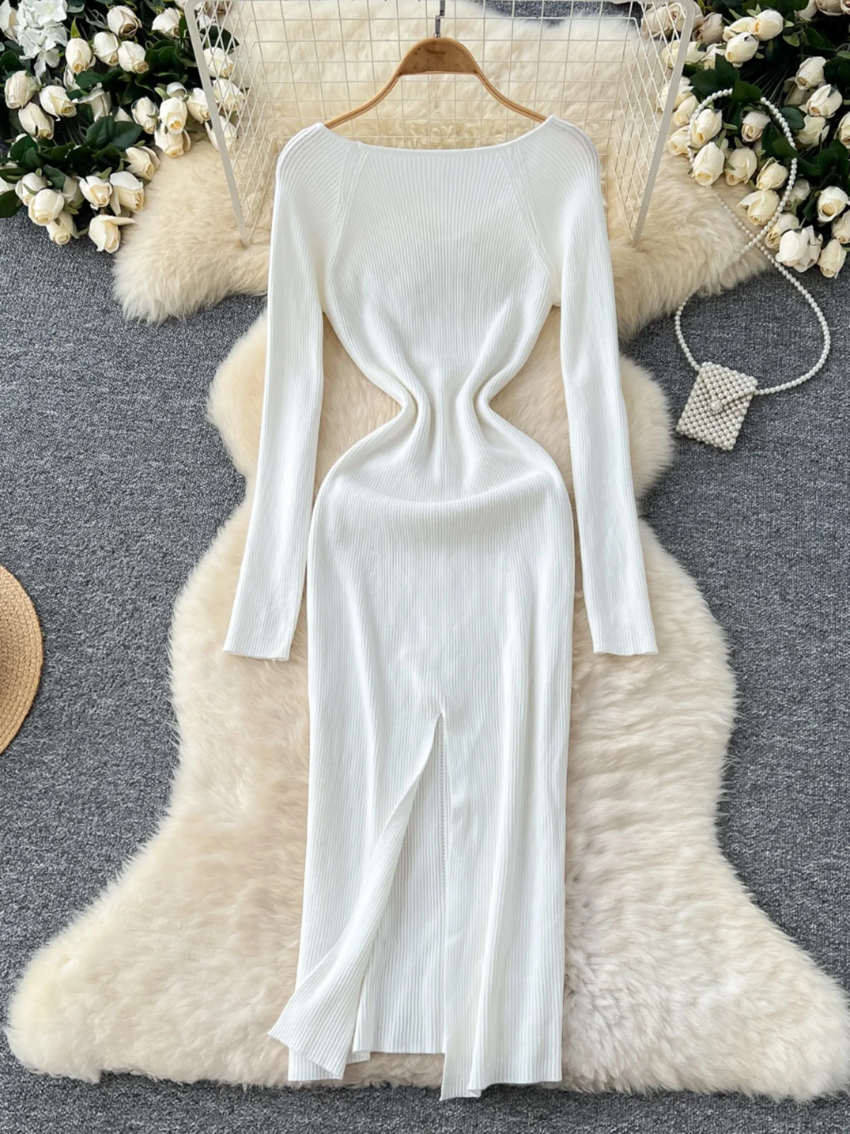 Ele Hoge Taille Gebreide Lange Sve V-Ne Dr vrouwen Slim Fit Vestido Midi Dr Koreaanse Sle Herfst Winter Faion