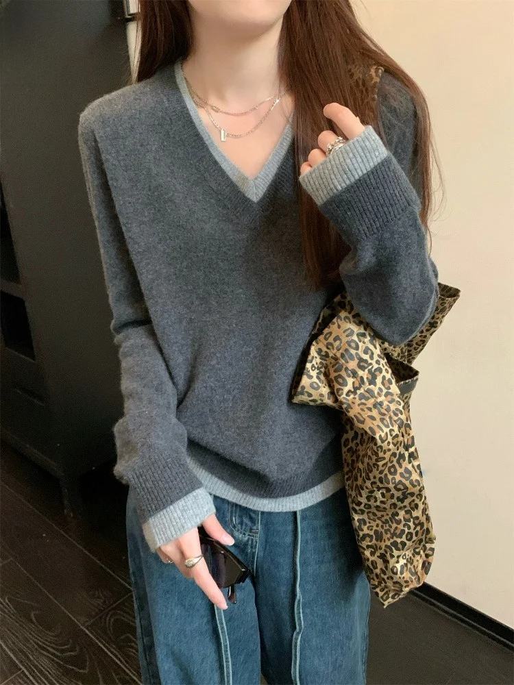 

Loose Knitted Sweater Low Ne Fem Sle Autumn Winter Korean Sle Lazy Sle Fake Two-Piece Knitted Base irt Women's Top