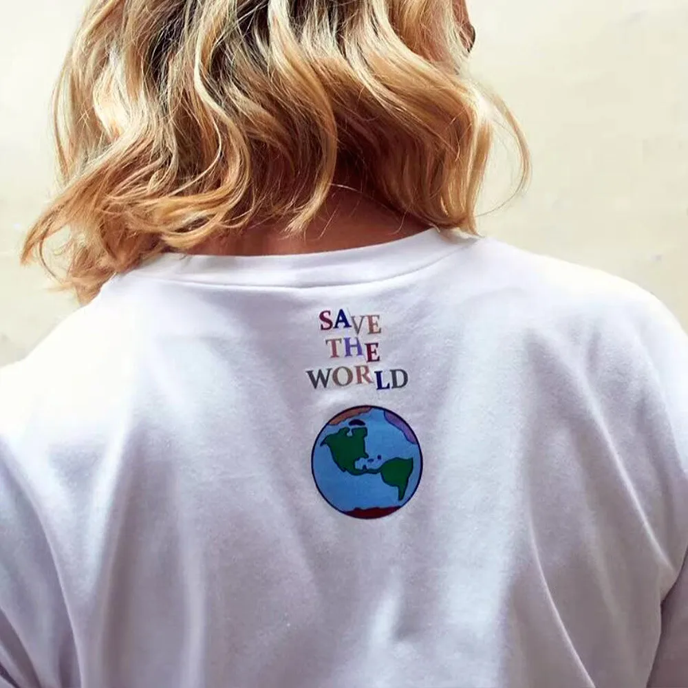 Save The World Slogan Letters Printing Graphic Tees Unisex Summer Short Sleeve Loose Cotton Tops Crewneck Casual T Shirts