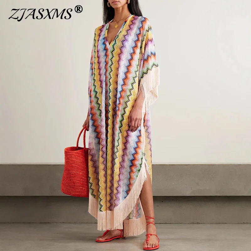 Boho kleurrijke gestreepte print splitsen kwastje jurk vrouw lente v-hals losse lange jurk herfst halve mouw vakantie strand coverup