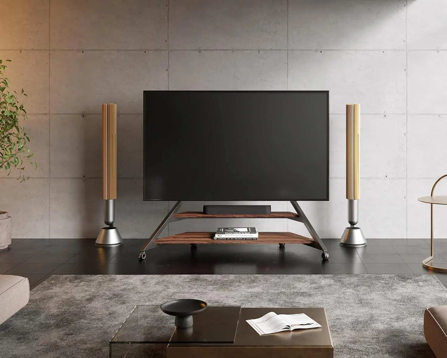Mobile TV Stand With Wheels For 75-100 Inch Large Screen, Walnut Wood Finish, Customized