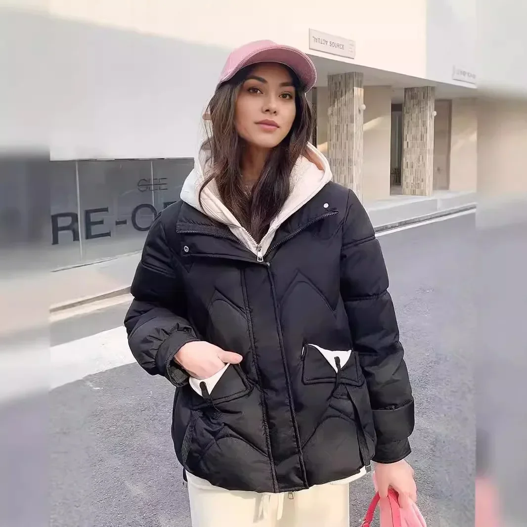 2025 New Winter Women's Short Jacket Female Contrast Fake Two Pieces Parkas Coats Women's Thicken Warm Cotton Jacket Tops