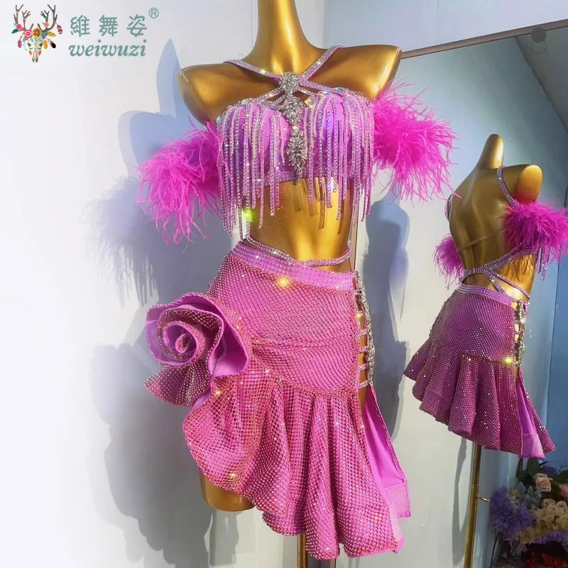 Vêtements de concours de danse latine personnalisés, robes de luxe haut de gamme avec pierres AB et plumes, Costumes de spectacle Tango ChaCha Samba