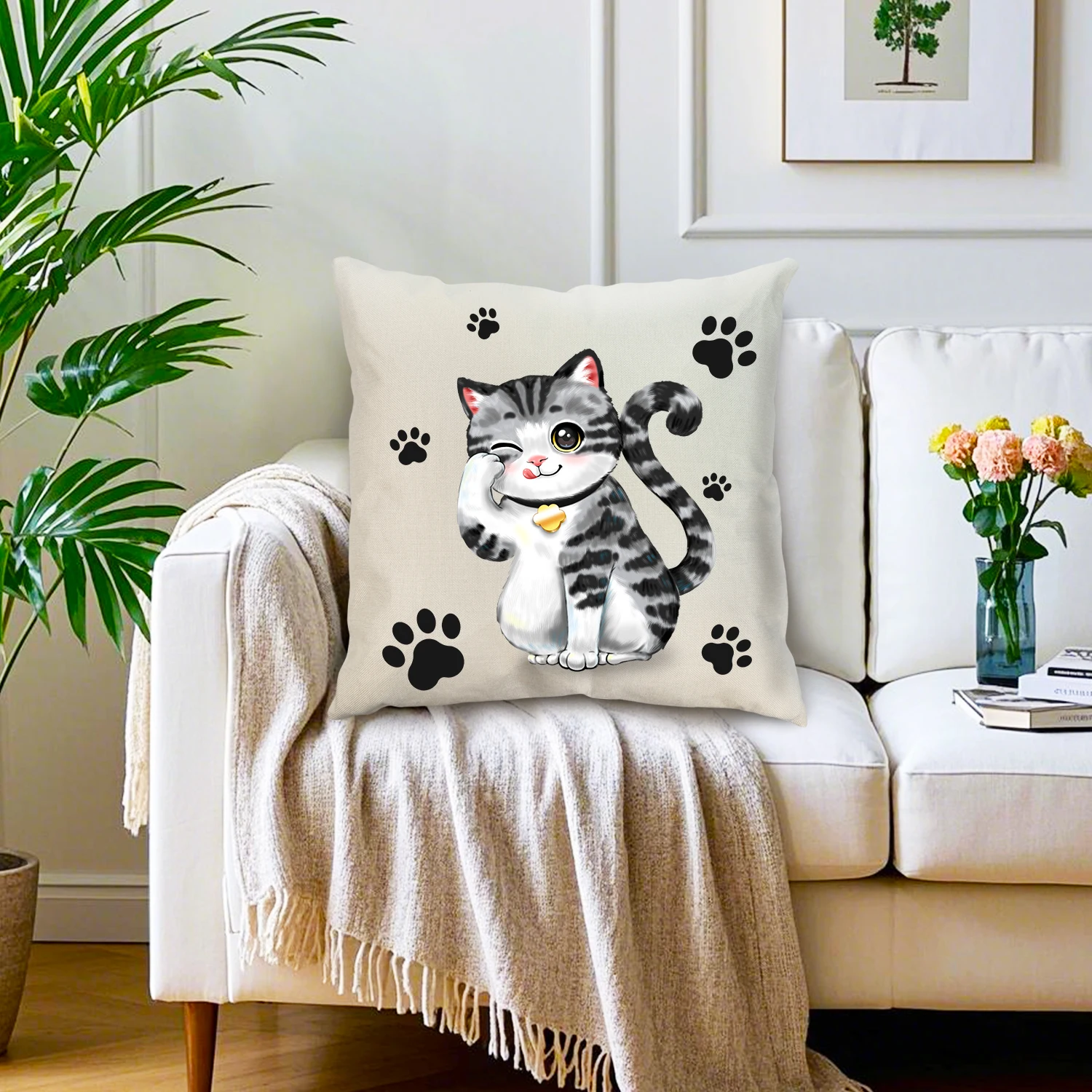 Cute Tabby Cat Cushion Covers Cartoon Kitten Paw Print Linen Throw Pillow Case Whimsical Home Decor Sofa Bedroom Pet Lover Gifts