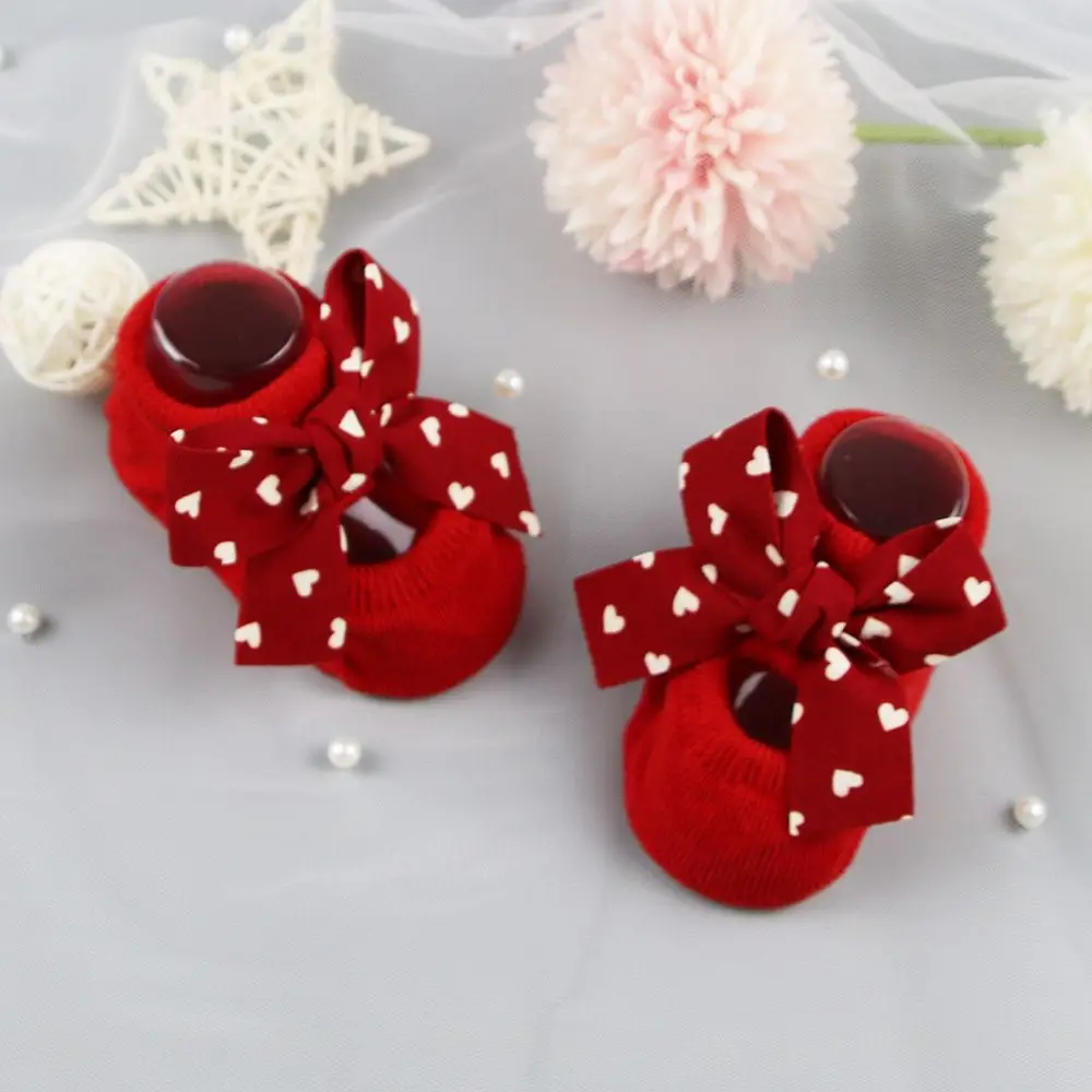 Heart Bow Socks Baby Christmas Gift Newborn Baby Girl Socks Infant Anti Slip Socks Toddler Floor Socks Socks Headband Set