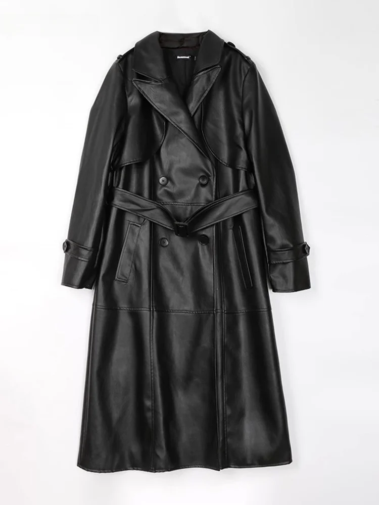 Cappotto Lungo in Pelle PU da Donna Nerazzurri con Cintura e Bottoni a Doppia Fila, Marrone, Elegante per il Pendolarismo, Nuovo Stile 202