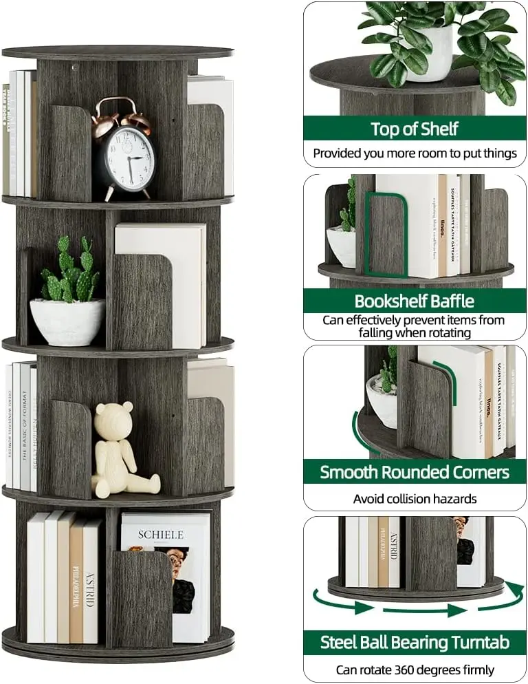 360 ° رف كتب خشبي دوار، تخزين زاوية من 4 طبقات لغرفة الأطفال، الدراسة، غرفة النوم من خشب البلوط الأسود #4