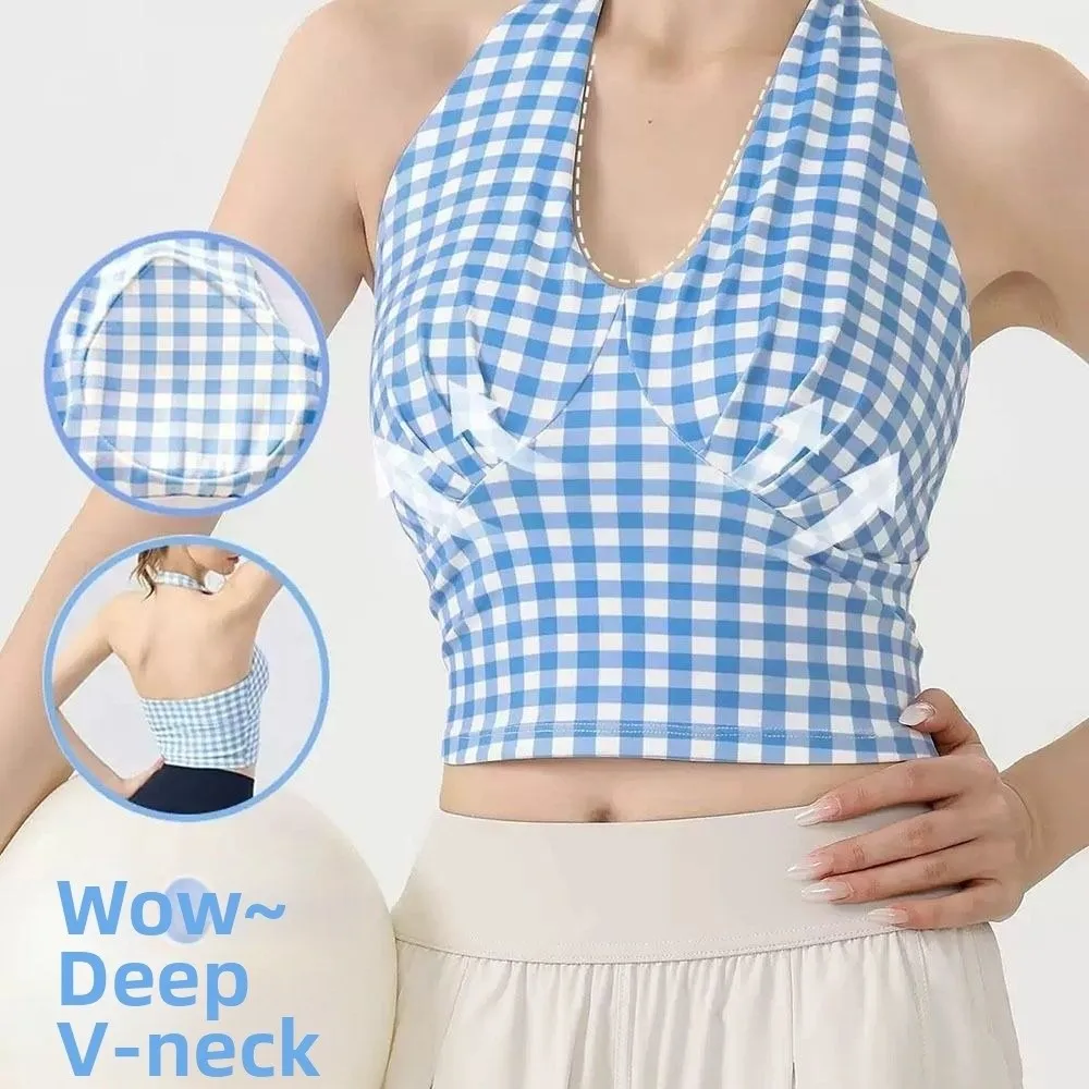 Fitness Top V-Neck Yoga Vest Backless Fixed Pad Sports Bra Plaid Quick-Dry Push-Up Tank Top Summer Wear