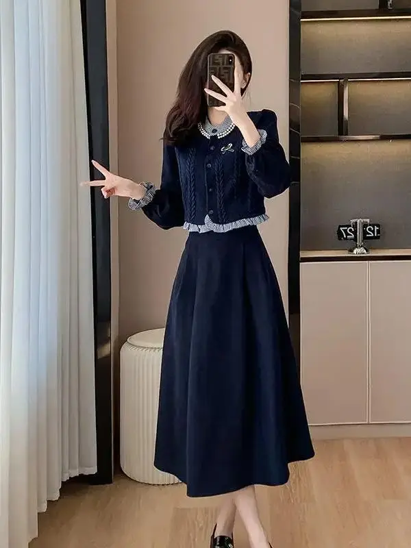 2 P Set Ruffles Knitted Splicing Shirt Top + A-Line Midi Skirts 2024 Autumn Fashion Two Pieces Set Korean Women Vintage Elegant