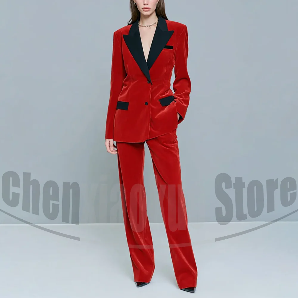Chic Women Velvet Suit 2 Piece Set Fashion Peak Lapel Blazer with Pants Elegant Formal Outfit for Party Prom Wedding Tuxedo