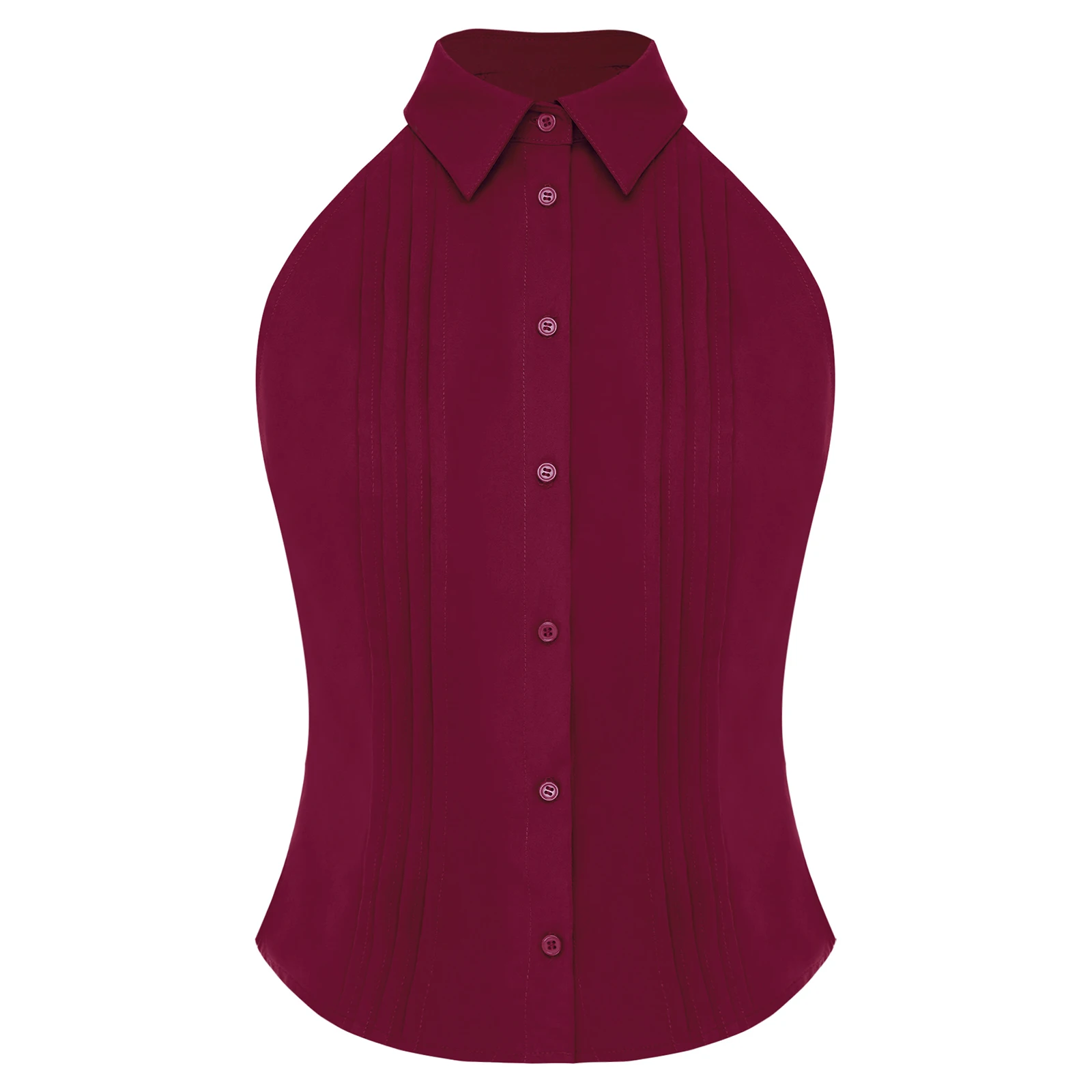 

Fashion Womens Casual Office Blouse Halter Tank Top Front Pleated Lapel Button Sleeveless Solid Color Vest Shirt Top