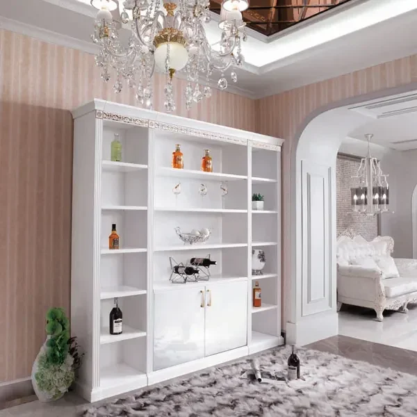 Full standing white color display cabinet in living room with drawers