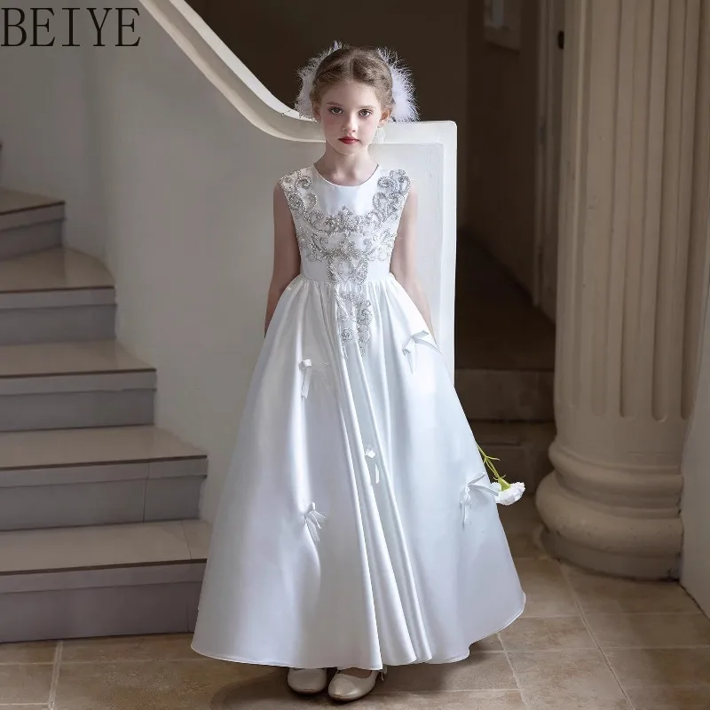 

White Satin Flower Girl Dress Wedding Tenth Birthday Princess Dress Children Round Neck Sweet Piano Performance Dress