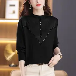 Vintage Autumn Winter Thin T-Shirts Interior Lapping Undercoat Solid Diamonds Pullovers Long Sleeve O-neck Women's Clothing 2023